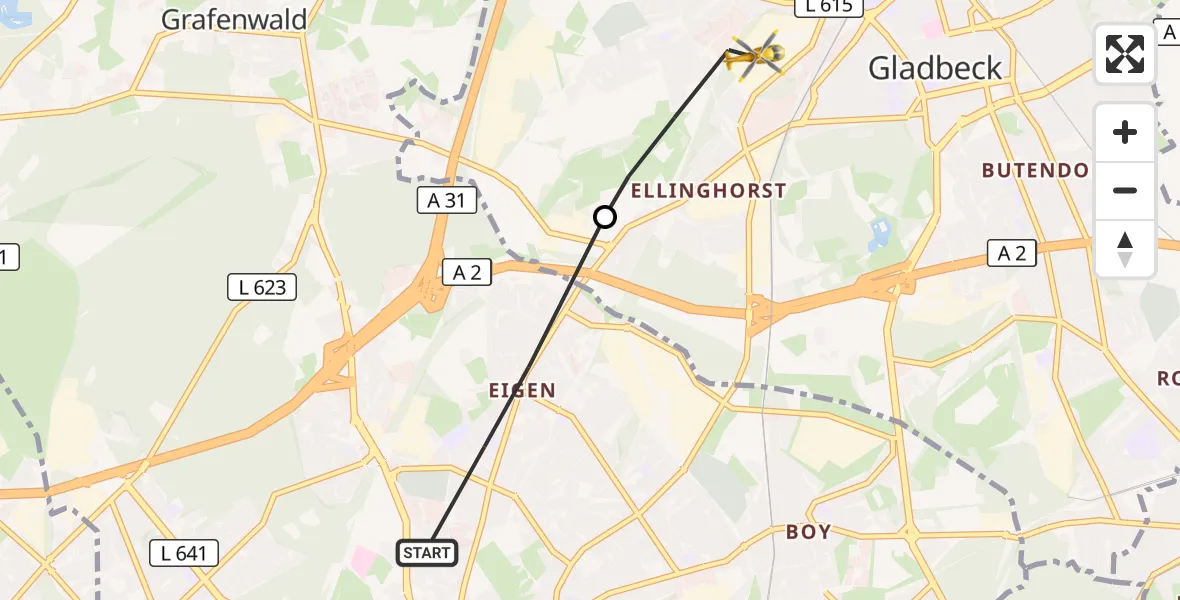 Flugroute Rettungshubschrauber Bottrop - Gladbeck, 08 April 2026, 15:58