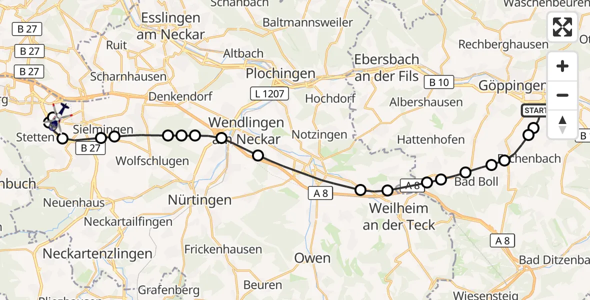 Flugroute Polizeihubschrauber Göppingen - Flughafen Stuttgart, 08 April 2026, 16:02