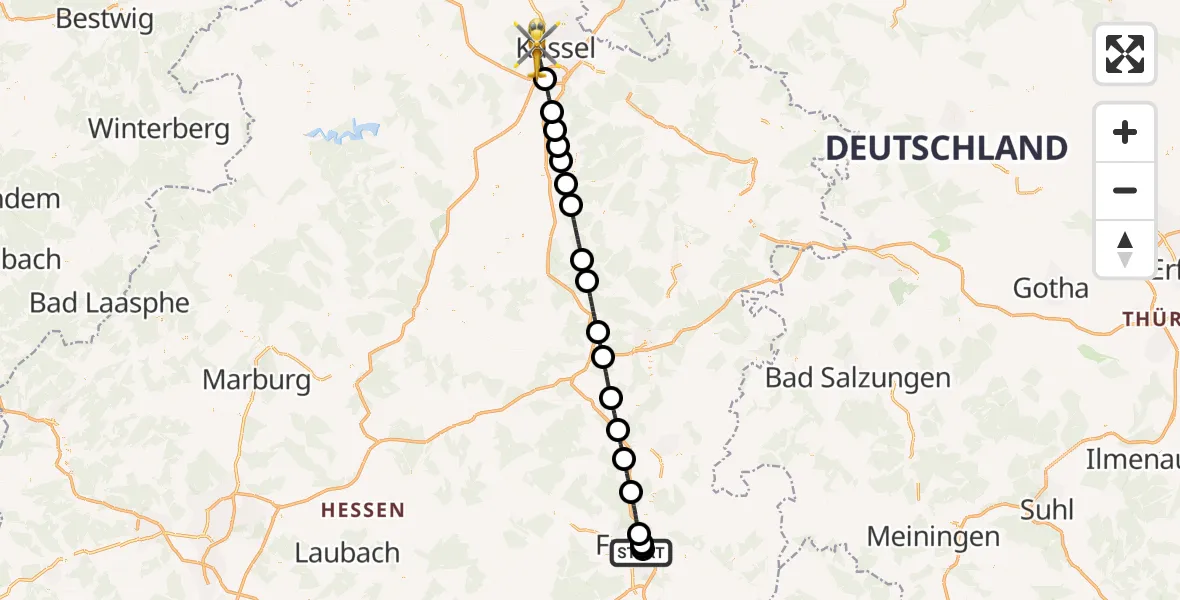 Flugroute Rettungshubschrauber Fulda Hospital - Kassel, 08 April 2026, 16:05