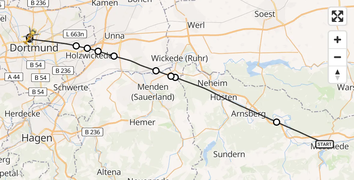 Flugroute Rettungshubschrauber Meschede - Dortmund Hospital North, 08 April 2026, 16:06