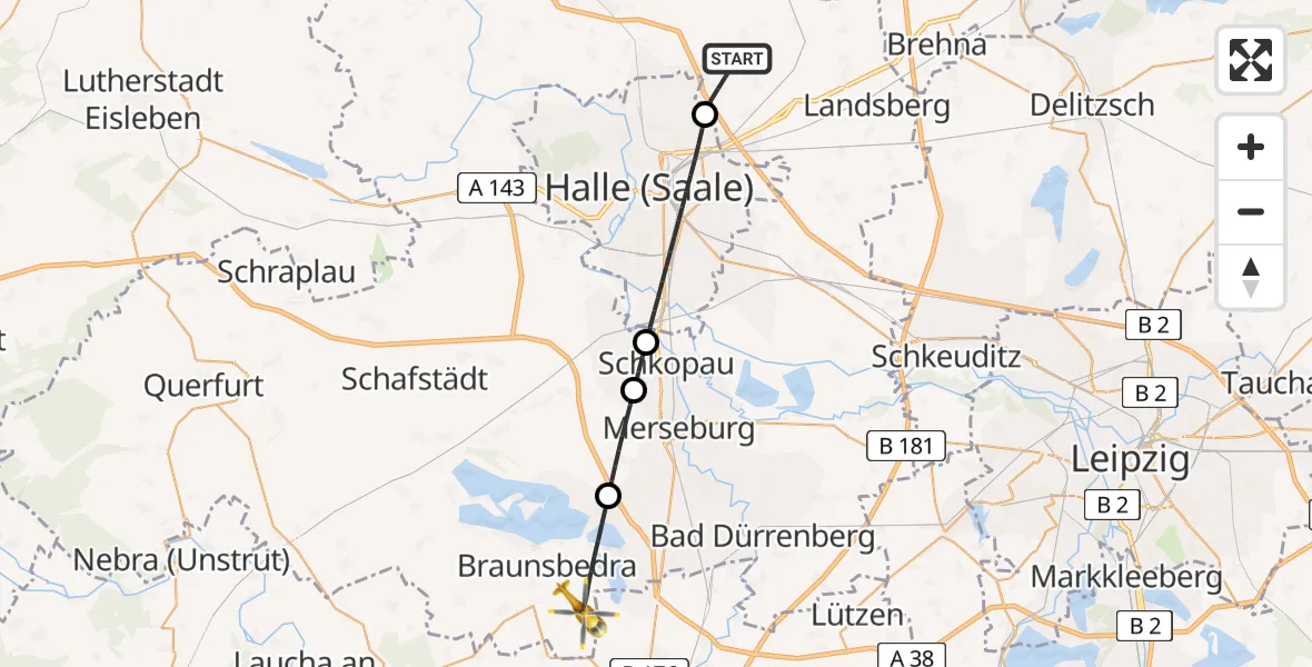Flugroute Rettungshubschrauber Landsberg - Braunsbedra, 08 April 2026, 16:08