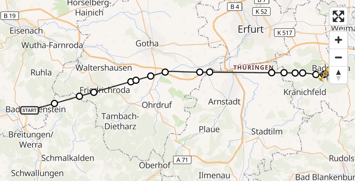Flugroute Ambulanzhubschrauber Bad Liebenstein - Bad Berka Central Hospital, 08 April 2026, 16:15