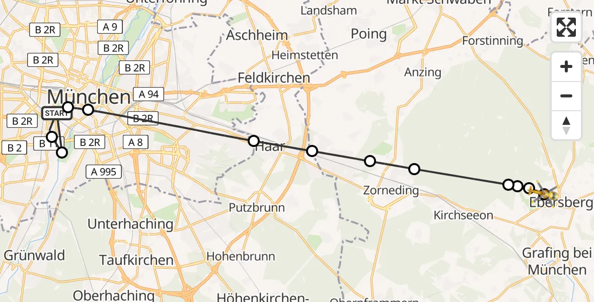 Flugroute Rettungshubschrauber München - Ebersberg Hubschrauberlandeplatz, 08 April 2026, 16:16