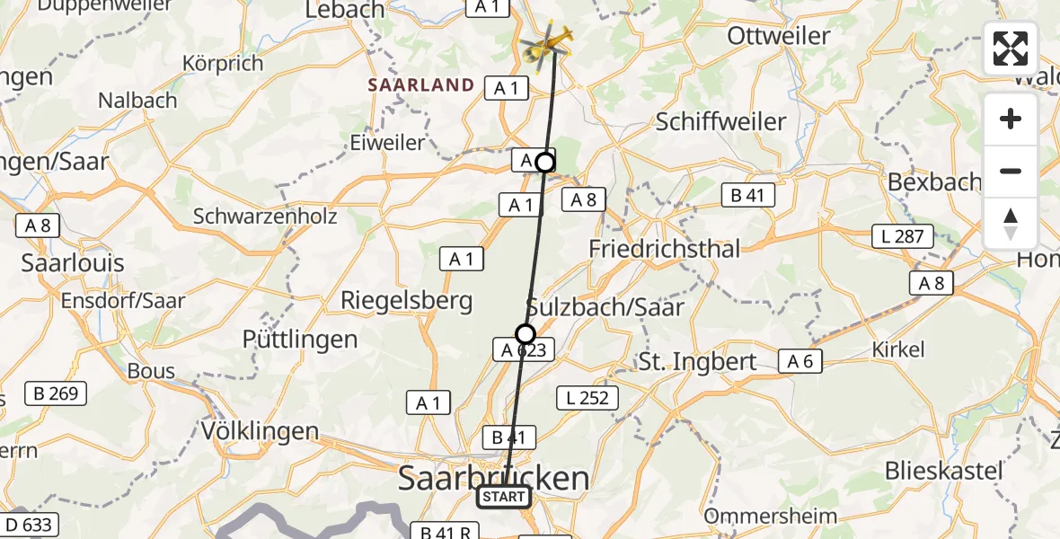 Flugroute Rettungshubschrauber Saarbrücken - Illingen, 08 April 2026, 16:18