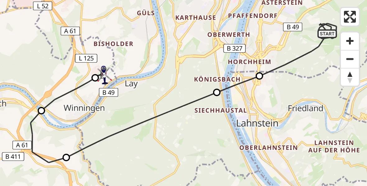 Flugroute Polizeihubschrauber Koblenz - Koblenz-Winningen Flugplatz, 08 April 2026, 16:30