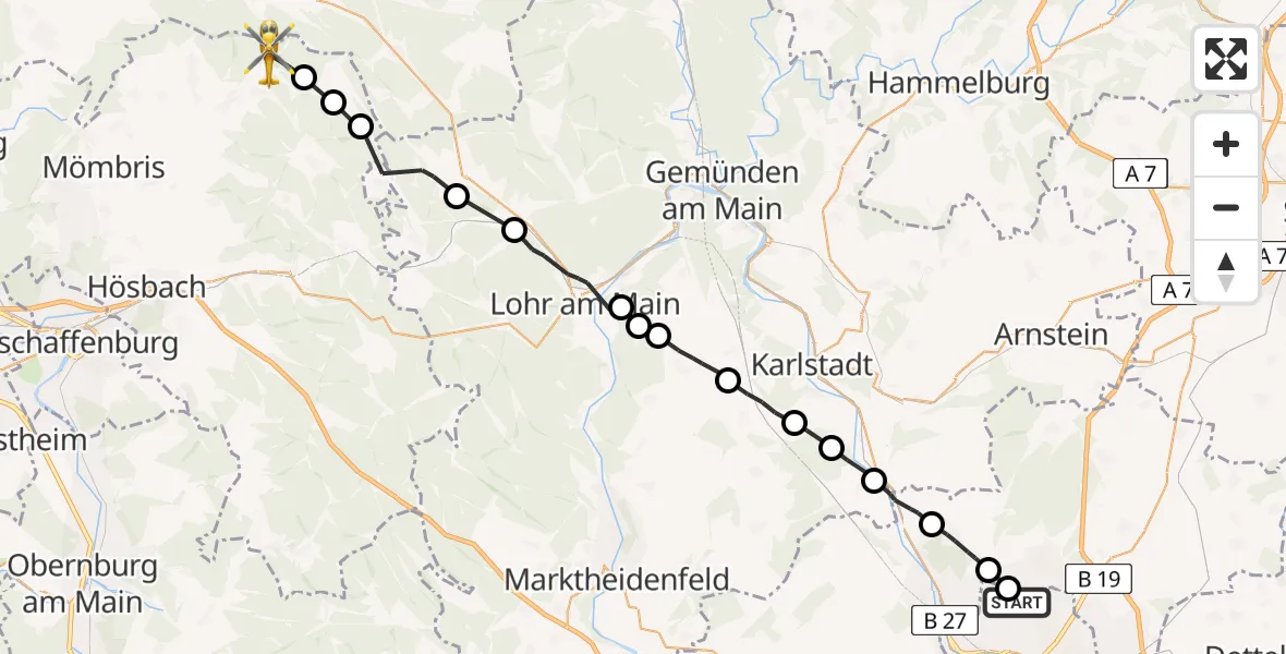 Flugroute Ambulanzhubschrauber Würzburg - Kleinkahl, 08 April 2026, 16:36