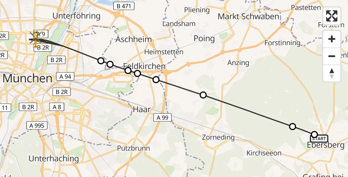 Flugroute Rettungshubschrauber Ebersberg Hubschrauberlandeplatz - München, 08 April 2026, 16:43
