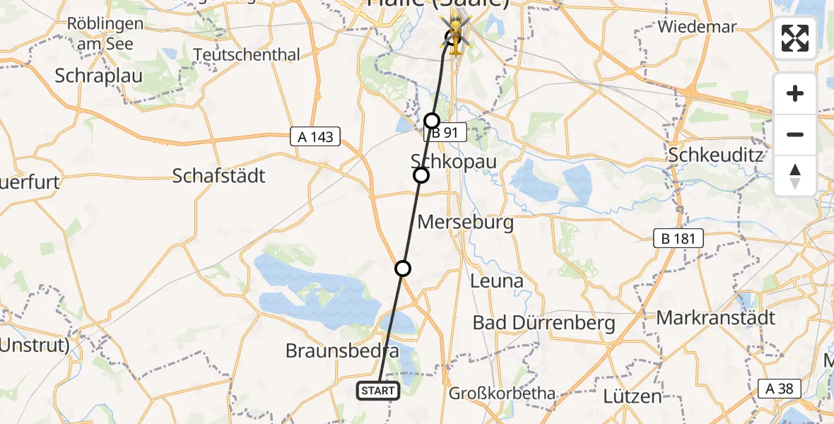 Flugroute Rettungshubschrauber Braunsbedra - BG Hospital Bergmannstrost Halle, 08 April 2026, 16:50
