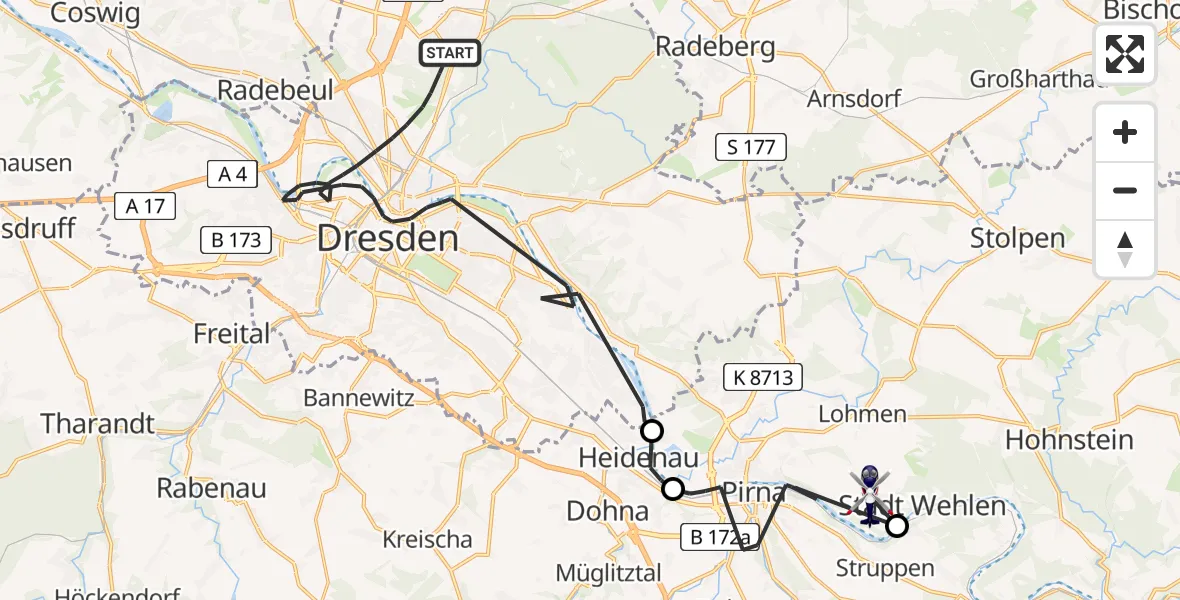 Flugroute Polizeihubschrauber Dresden - Stadt Wehlen, 08 April 2026, 16:51
