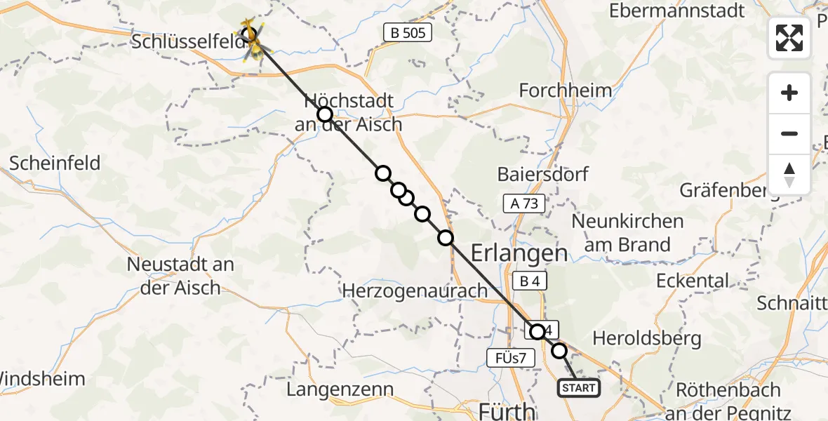 Flugroute Ambulanzhubschrauber Flughafen Nuremberg - Wachenroth, 08 April 2026, 16:52