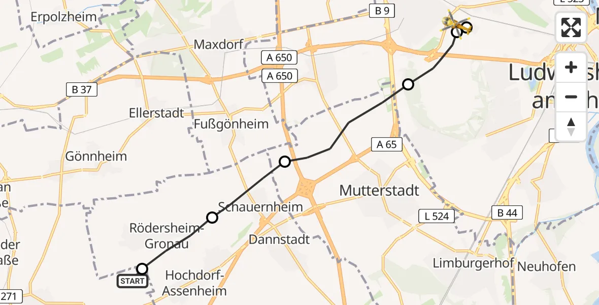 Flugroute Rettungshubschrauber Meckenheim - Ludwigshafen Accident Hospital, 08 April 2026, 16:54