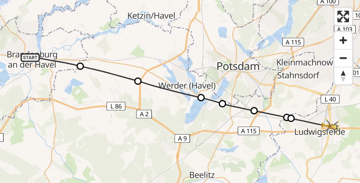 Flugroute Rettungshubschrauber Brandenburg an der Havel - Ludwigsfelde, 08 April 2026, 17:00