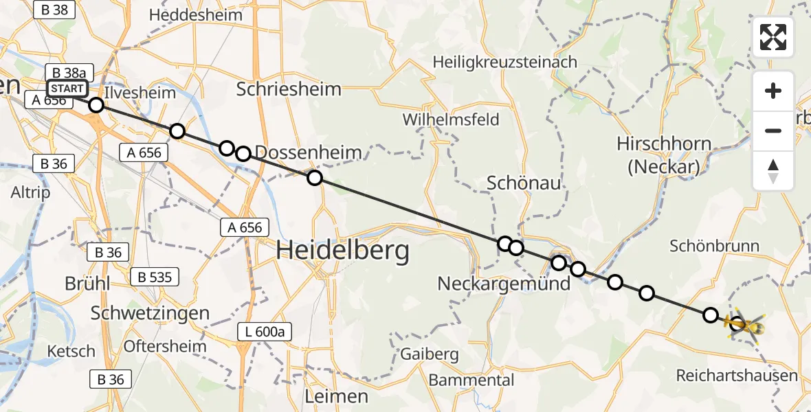 Flugroute Rettungshubschrauber Mannheim-City Flughafen - Aglasterhausen, 08 April 2026, 17:05