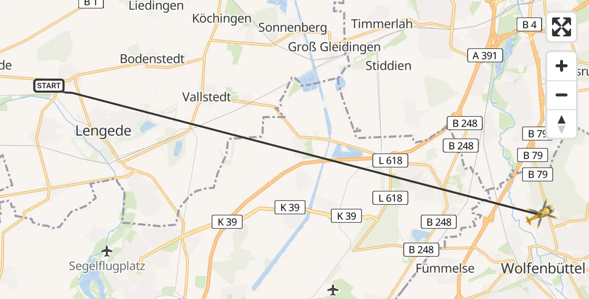 Flugroute Rettungshubschrauber Lengede - Wolfenbüttel Municipal Hospital Heliport (Christoph 30), 08 April 2026, 17:15