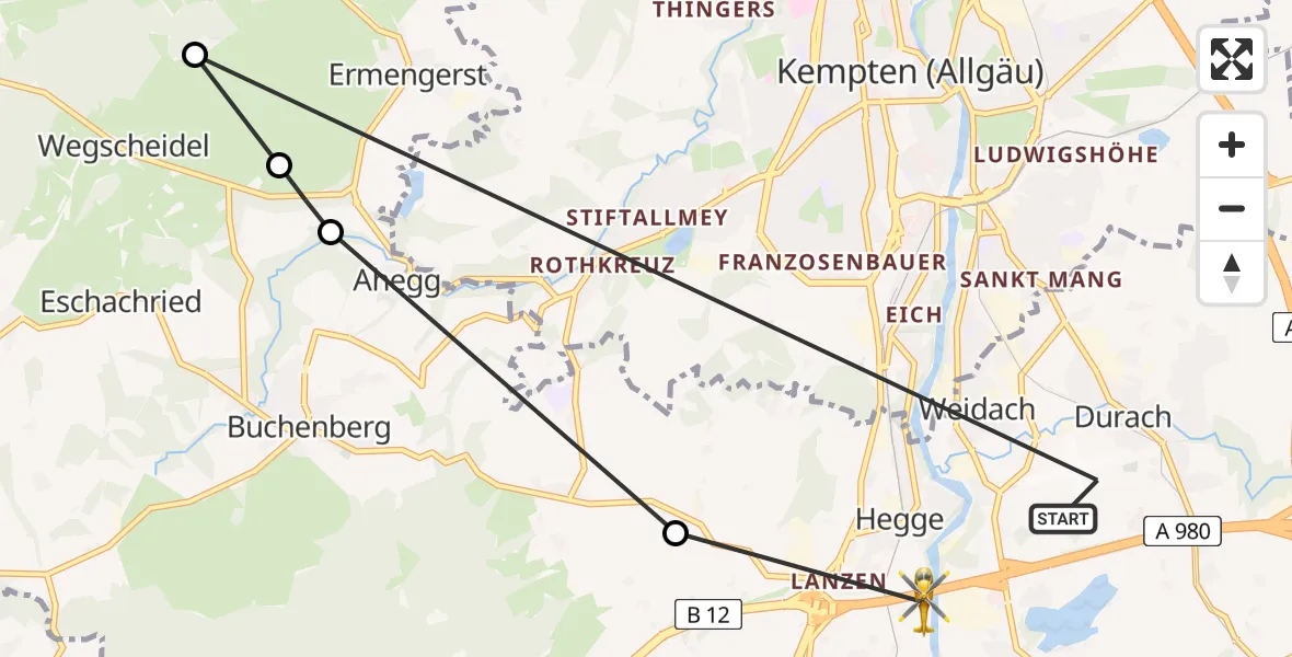 Flugroute Rettungshubschrauber Kempten-Durach Flugplatz - Waltenhofen, 08 April 2026, 17:21