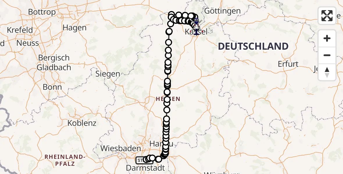 Flugroute Polizeihubschrauber Flughafen Frankfurt-Egelsbach - Fuldatal Bundespolizei Hubschrauberlandeplatz, 08 April 2026, 17:30