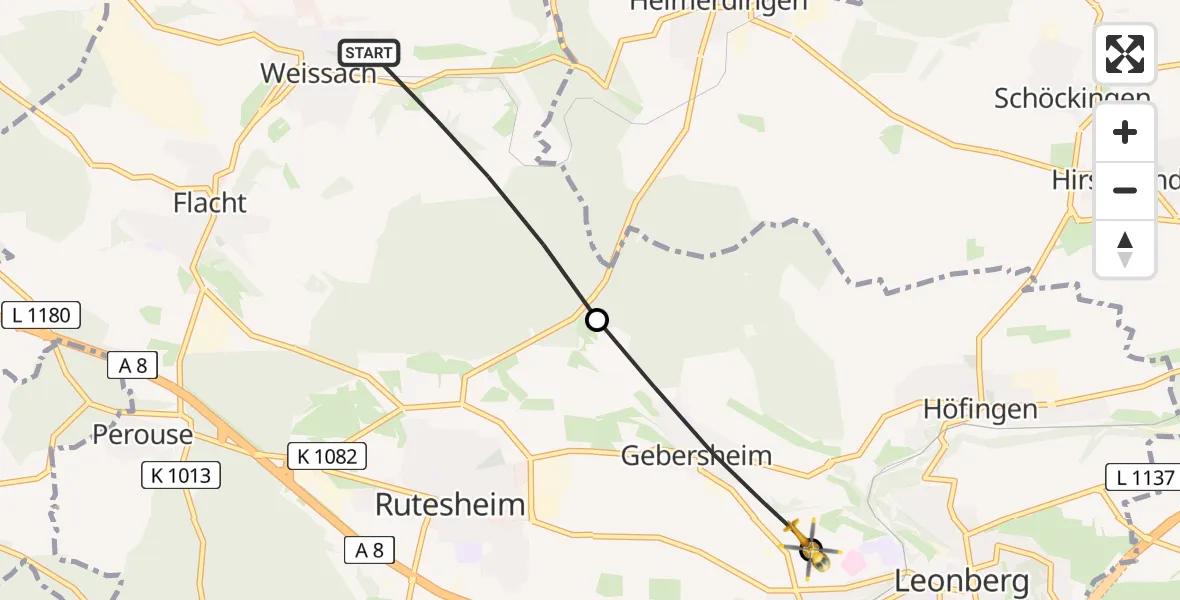 Flugroute Rettungshubschrauber Weissach - Leonberg Hospital Hubschrauberlandeplatz, 08 April 2026, 17:49