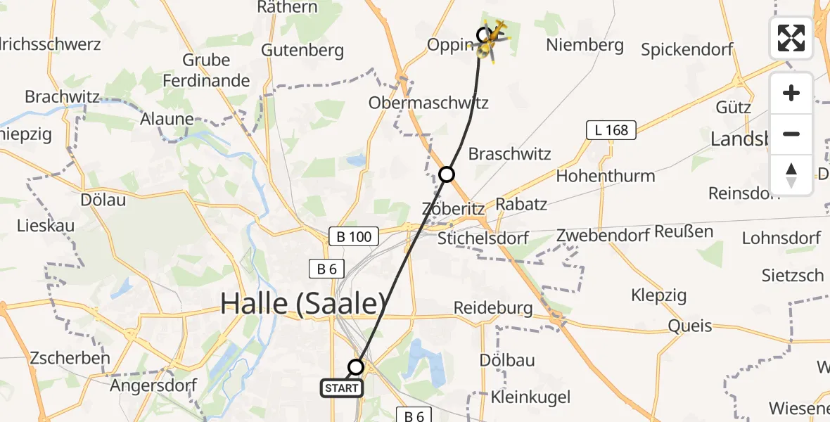Flugroute Rettungshubschrauber BG Hospital Bergmannstrost Halle - Halle-Oppin Flugplatz, 08 April 2026, 17:49