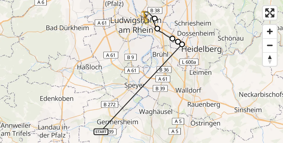 Flugroute Rettungshubschrauber Bellheim - Mannheim, 08 April 2026, 17:50