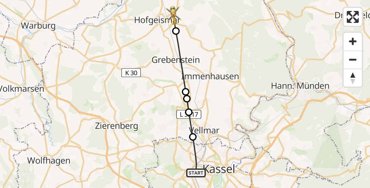 Flugroute Rettungshubschrauber Kassel - Hofgeismar, 08 April 2026, 17:51