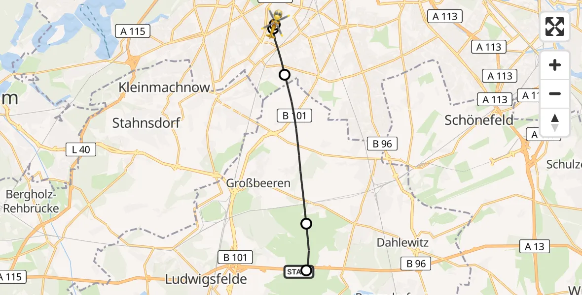 Flugroute Rettungshubschrauber Ludwigsfelde - Charité Clinic Benjamin Franklin Campus, 08 April 2026, 17:54