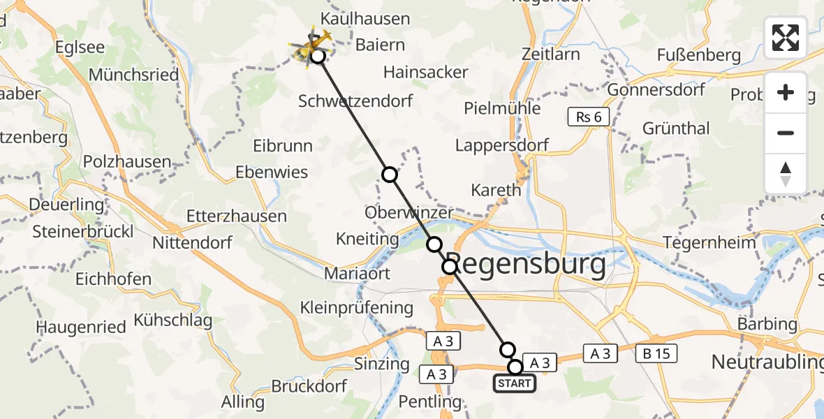 Flugroute Ambulanzhubschrauber DRF Air Rescue Station Regensburg / Regensburg University Hospital - Pielenhofen, 08 April 2026, 17:56