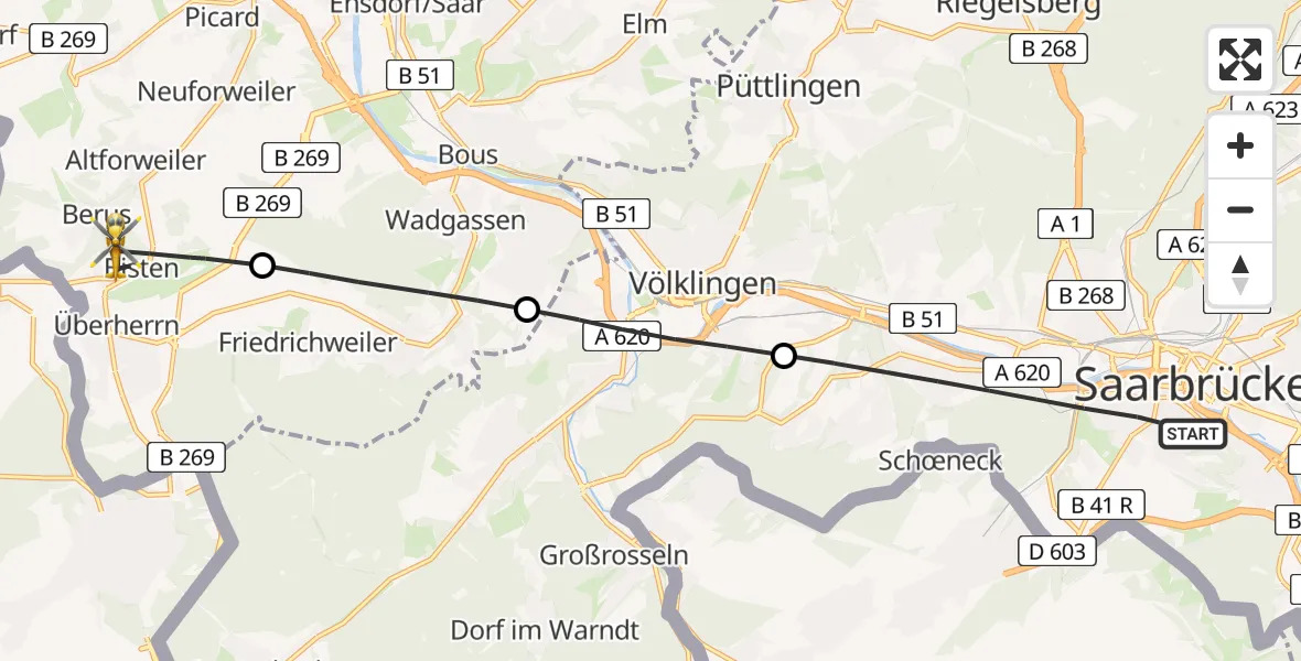 Flugroute Rettungshubschrauber Saarbrücken - Überherrn, 08 April 2026, 17:56