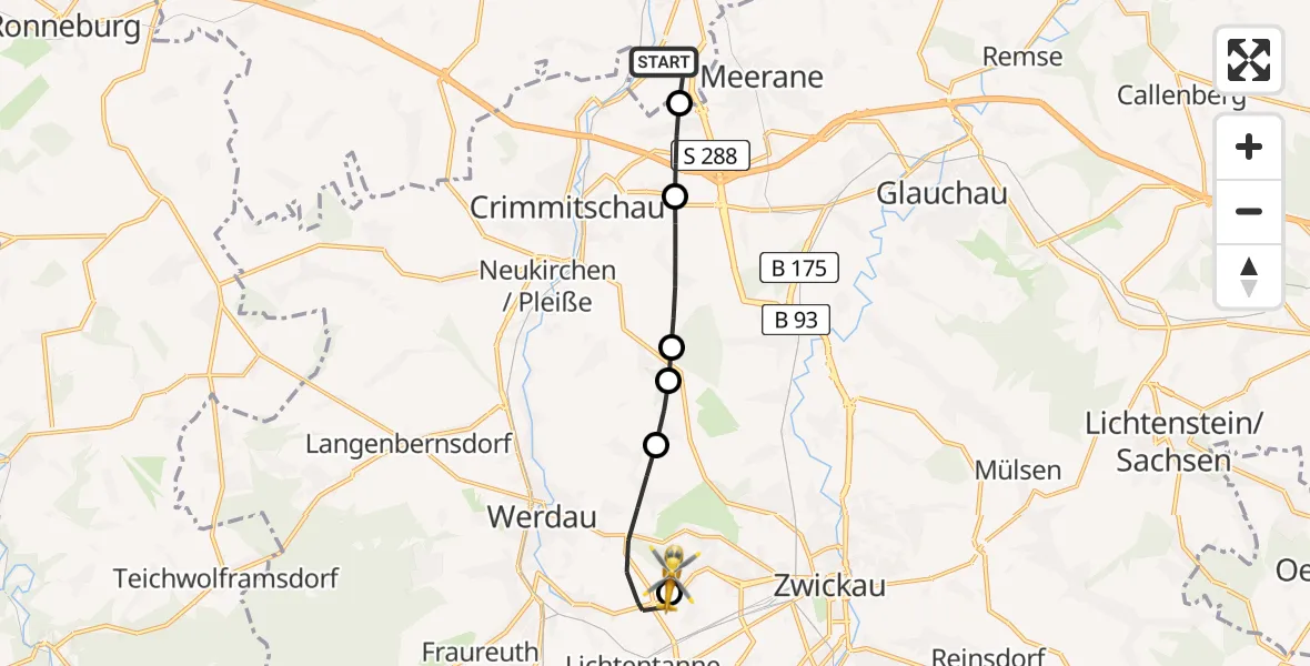 Flugroute Rettungshubschrauber Ponitz - ADAC Air Rescue Station Zwickau Hubschrauberlandeplatz, 08 April 2026, 18:00