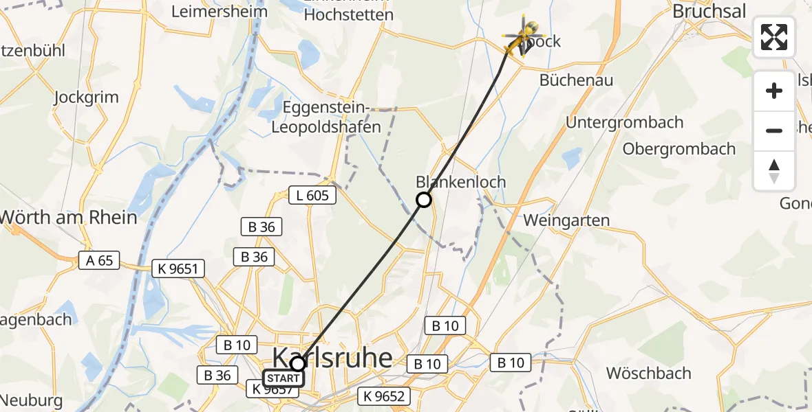 Flugroute Rettungshubschrauber Sankt Vincentius Hospital - Stutensee, 08 April 2026, 18:03