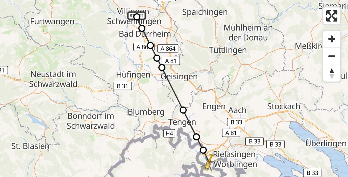Flugroute Rettungshubschrauber DRF Air Rescue Station Villingen-Schwenningen Hubschrauberlandeplatz (Christoph 11) - Gottmadingen, 08 April 2026, 18:05