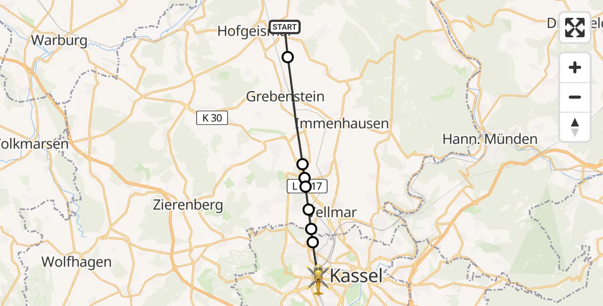 Flugroute Rettungshubschrauber Hofgeismar - Kassel, 08 April 2026, 18:15