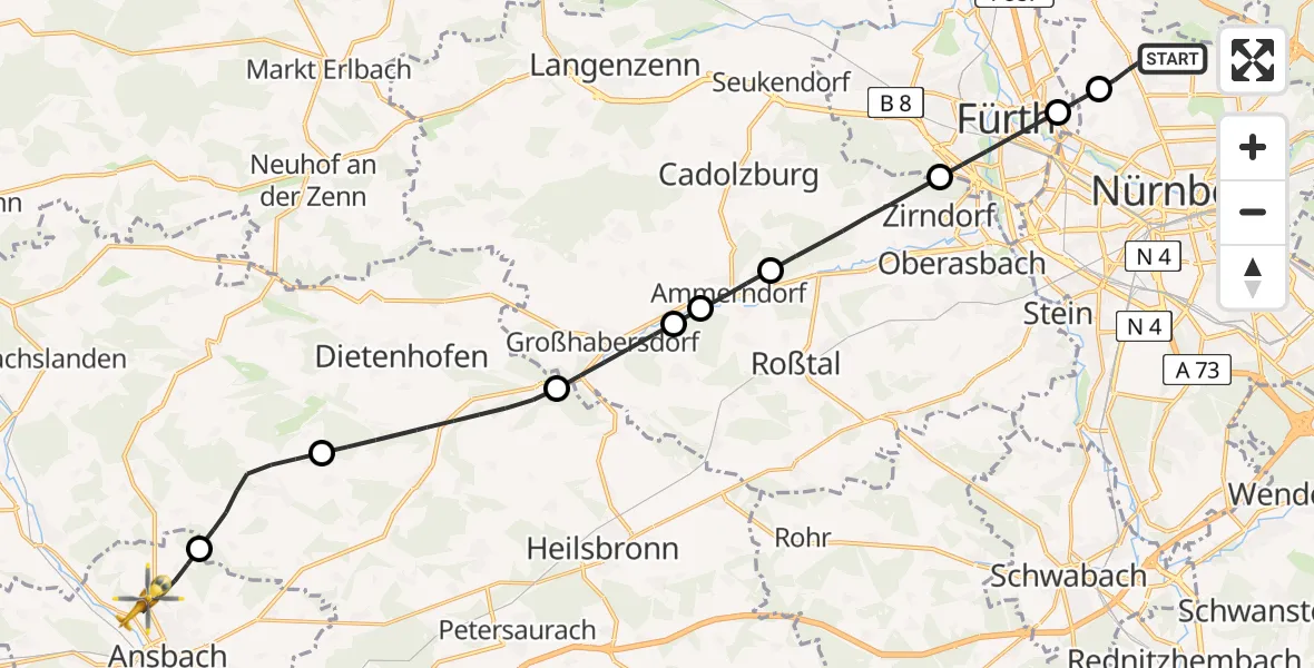 Flugroute Ambulanzhubschrauber Flughafen Nuremberg - Ansbach, 08 April 2026, 18:17