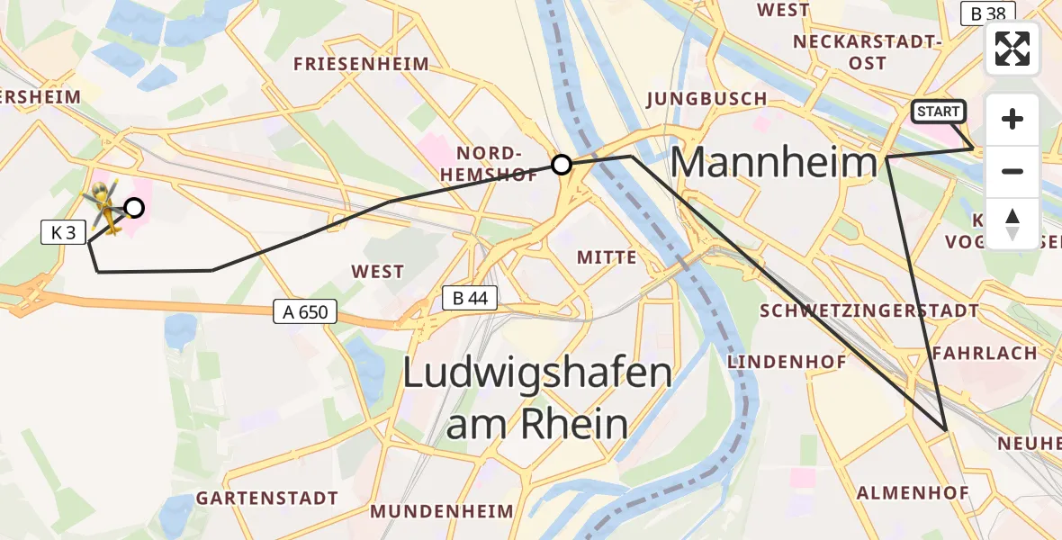 Flugroute Rettungshubschrauber Mannheim - Ludwigshafen Accident Hospital Hubschrauberlandeplatz, 08 April 2026, 18:21