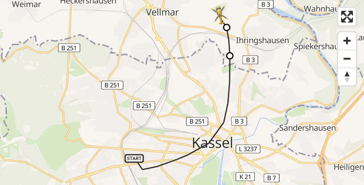 Flugroute Rettungshubschrauber Kassel - Fuldatal Bundespolizei Hubschrauberlandeplatz, 08 April 2026, 18:23