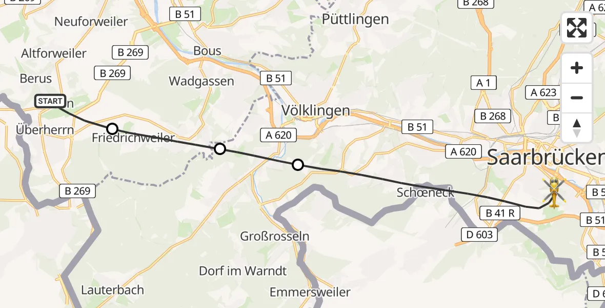 Flugroute Rettungshubschrauber Überherrn - Saarbrücken, 08 April 2026, 18:25