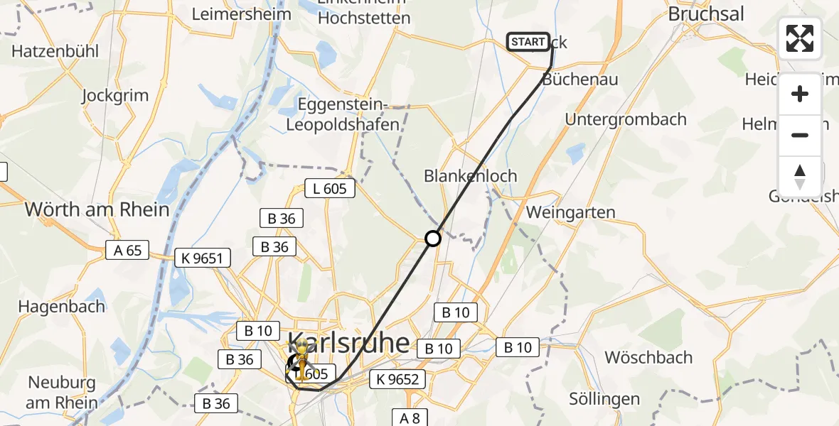 Flugroute Rettungshubschrauber Stutensee - Sankt Vincentius Hospital, 08 April 2026, 18:30