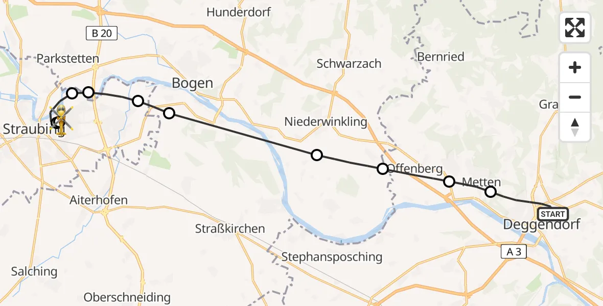 Flugroute Rettungshubschrauber Deggendorf - Sankt Elisabeth Hospital Straubing, 08 April 2026, 18:33