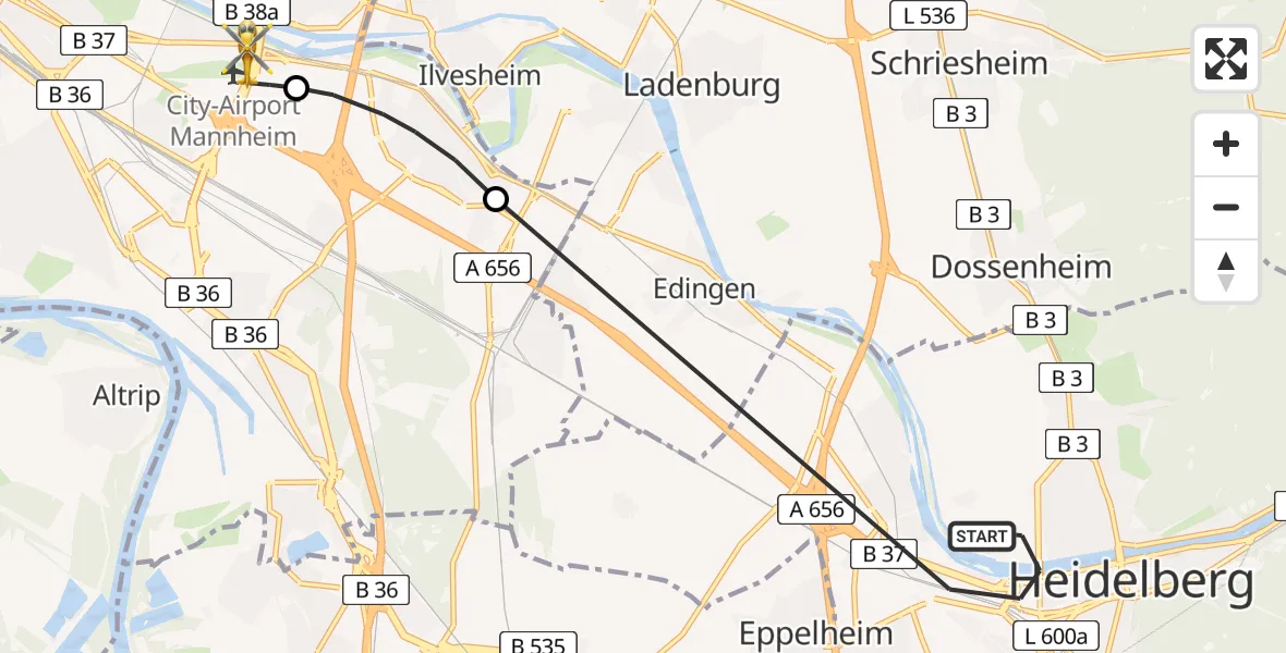 Flugroute Rettungshubschrauber Heidelberg - Mannheim-City Flughafen, 08 April 2026, 18:36