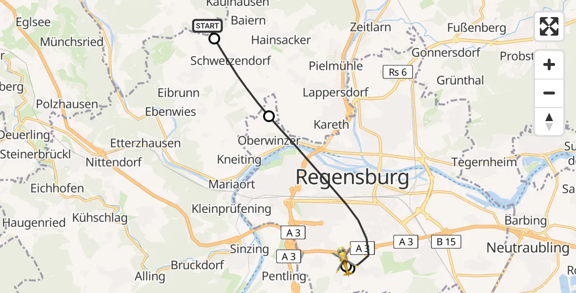 Flugroute Ambulanzhubschrauber Pielenhofen - DRF Air Rescue Station Regensburg / Regensburg University Hospital, 08 April 2026, 18:42