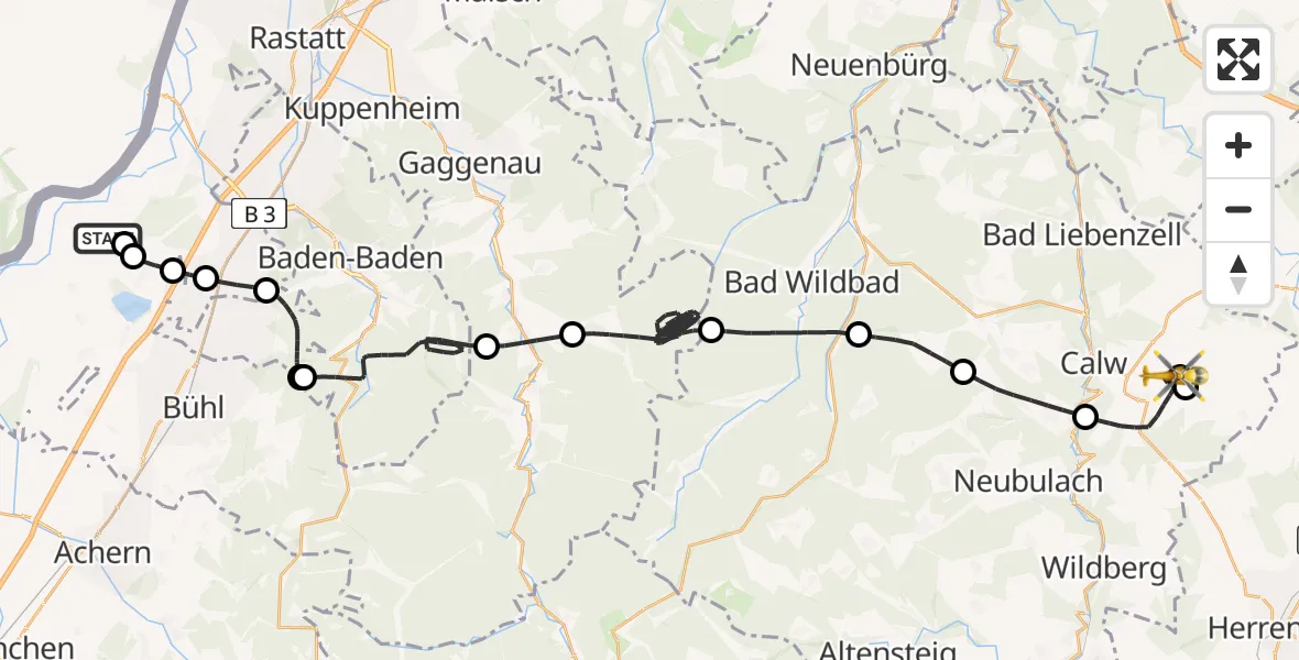 Flugroute Rettungshubschrauber Karlsruhe Baden-Baden Flughafen - Calw, 08 April 2026, 19:03