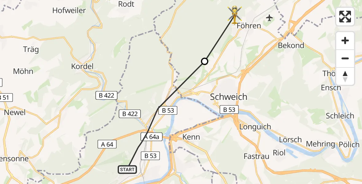 Flugroute Rettungshubschrauber Trier - Föhren, 08 April 2026, 19:29