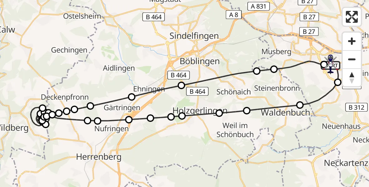 Flugroute Polizeihubschrauber Flughafen Stuttgart - Flughafen Stuttgart, 08 April 2026, 20:08