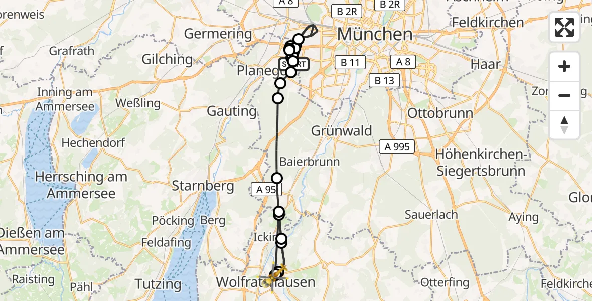 Flugroute Rettungshubschrauber DRF Air Rescue München Hubschrauberlandeplatz - Wolfratshausen, 08 April 2026, 20:15