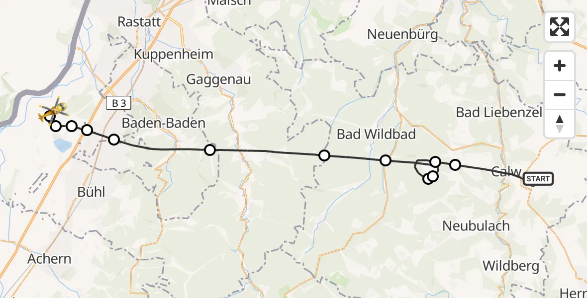 Flugroute Rettungshubschrauber Calw - Karlsruhe Baden-Baden Flughafen, 08 April 2026, 20:30