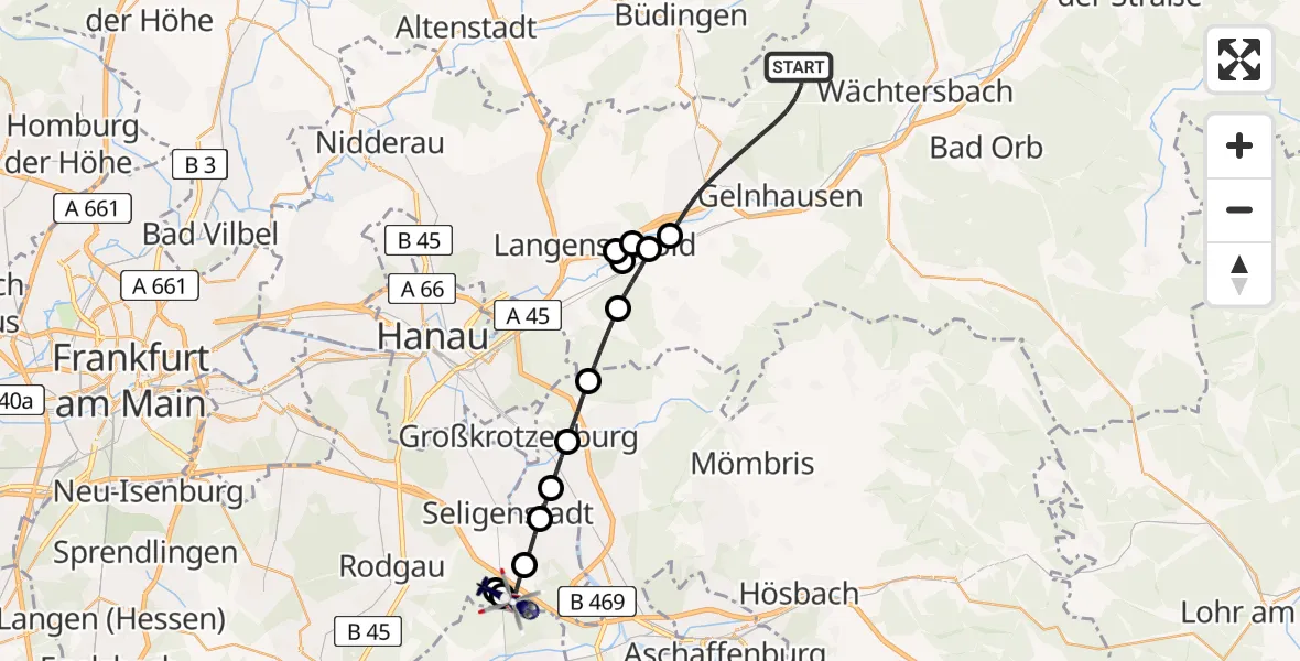 Flugroute Polizeihubschrauber Gründau - Mainhausen, 08 April 2026, 20:34