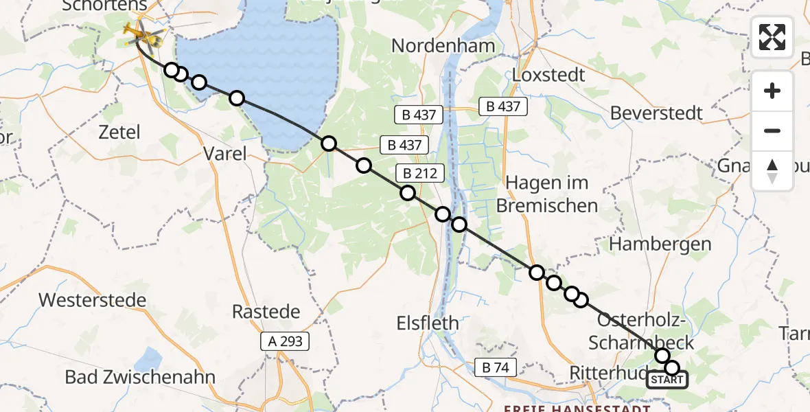 Flugroute Rettungshubschrauber Lilienthal - Sande, 08 April 2026, 20:34