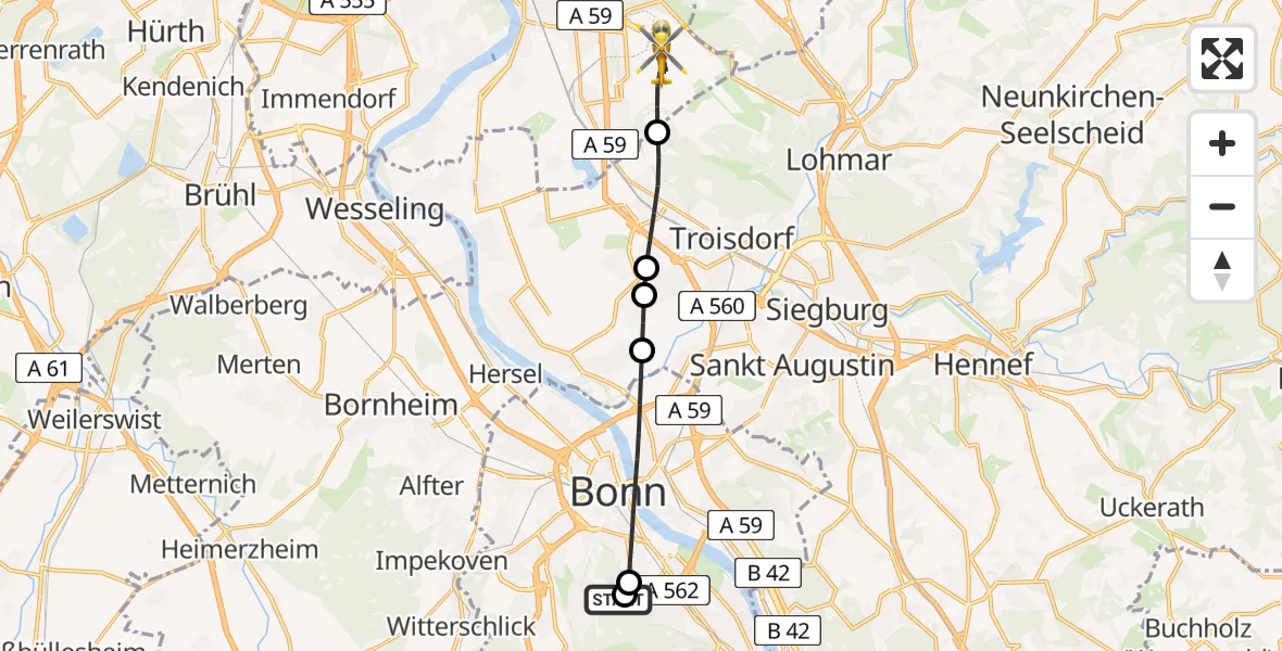 Flugroute Ambulanzhubschrauber Bonn University Hospital - Köln Bonn Flughafen, 08 April 2026, 20:35