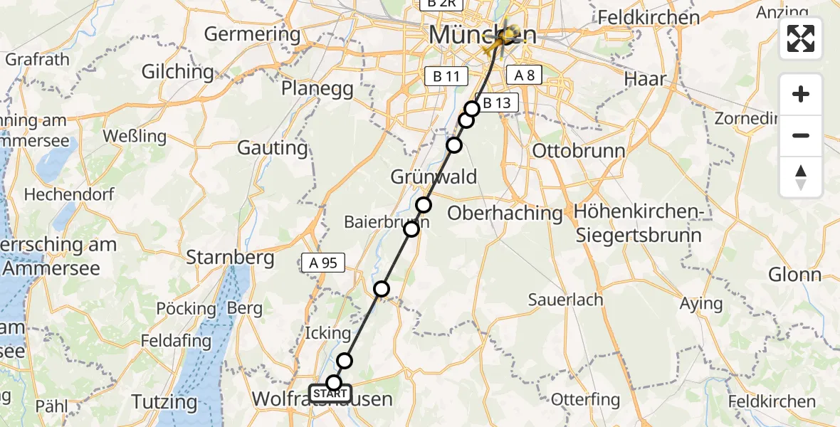 Flugroute Rettungshubschrauber Wolfratshausen Kreisklink Hubschrauberlandeplatz - München, 08 April 2026, 21:01