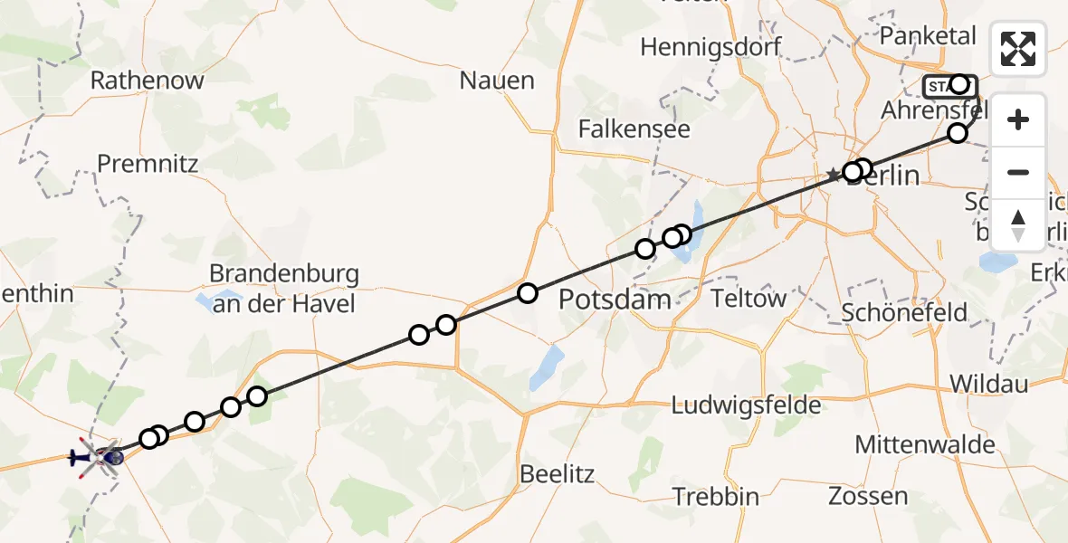 Flugroute Polizeihubschrauber Ahrensfelde Hubschrauberlandeplatz - Ziesar, 08 April 2026, 22:15