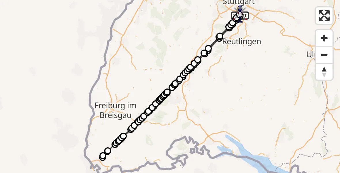 Flugroute Polizeihubschrauber Flughafen Stuttgart - Flughafen Stuttgart, 08 April 2026, 22:28